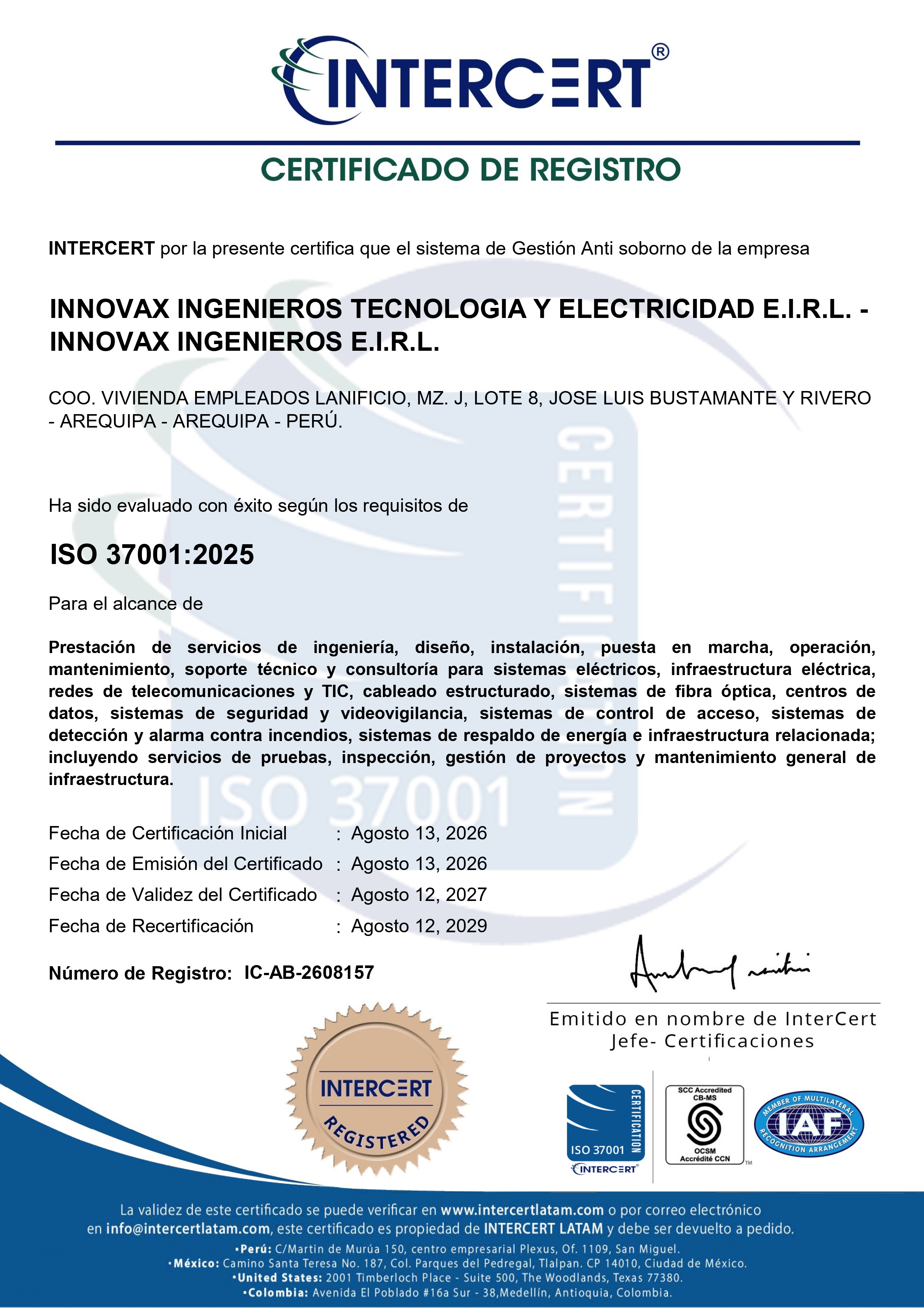 Certificación ISO 37001 Intercert